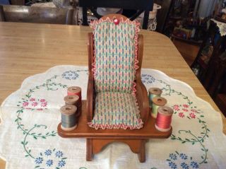 Darling,  Vintage 1930’s,  Wood Rocking Chair Pin Cushion,  Thread Holder 7