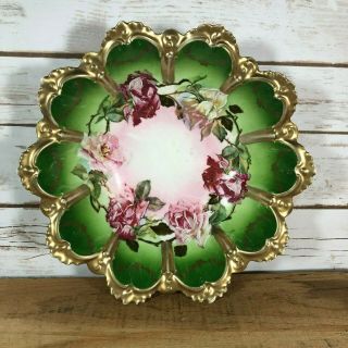 Vintage Mz Austria Porcelain Decorative Bowl Roses Hand Painted Green Gold