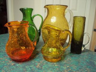 5 Vtg.  Hand Blown Crackel Glass Small Pitchers Various Sizes & Colors