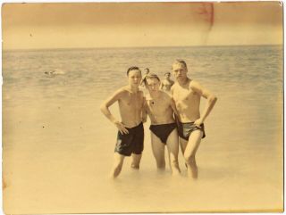 Shirtless Male Muscular Semi Nude Men On The Sea,  Color Vintage Photo