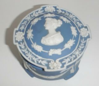 Vintage Jasperware In Blue Round Trinket Box Elegant Lady Bust England