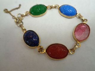 Vintage Gold Tone Oval Assorted Double Sided Etched Scarab Glass Link Bracelet