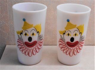 Vintage Hazel Atlas Circus Clown Tumbler Drinking Milk Glass Set Of 2