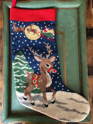 Vintage Wool Needlepoint Christmas Stocking Rudolph Reindeer & Santa In Sleigh
