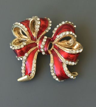 Vintage Christmas Red Bow Brooch Pin In Enamel On Metal
