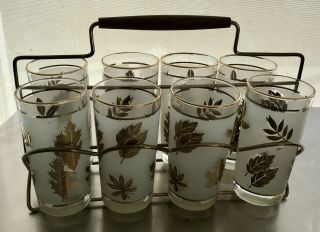 Vintage Libbey Mid Century Set Of 8 Silver Leaf Hostess Bar Glasses With Carrier