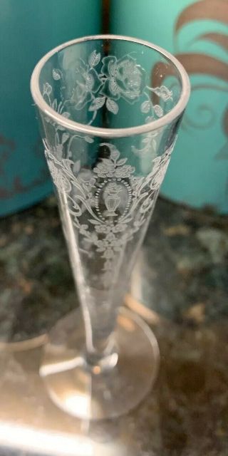 Vintage 40s Tiffin Crystal Clear Glass Cherokee Rose 6” Footed Flower Bud Vase