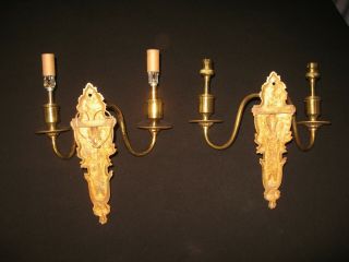 PAIR VINTAGE ORNATE SOLID BRASS WALL SCONCE 2 LIGHT VICTORIAN STYLE SMALL BULB 7