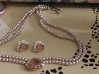 Vintage Avon Pink Ice Double Strand Faux Pink Pearl Necklace And Pierced Earring