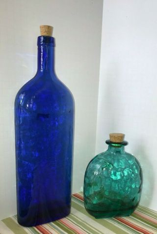 Crate And Barrel Cobalt Blue / Green Glass Bottles With Corks Vintage - Spain