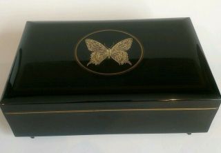 Vintage Otagiri Black Lacquer Papillon (butterfly) Music Jewelry Box Japan