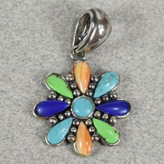 Vintage Sterling Silver Multi Stone Turquoise Flower Pendant Signed C - - 1293