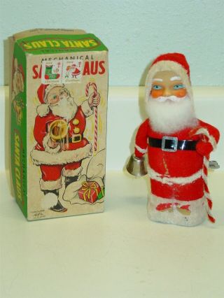 Vintage Alps Mechanical Santa Claus,  Box,  Wind Up Toy,  Candy Cane And Bell