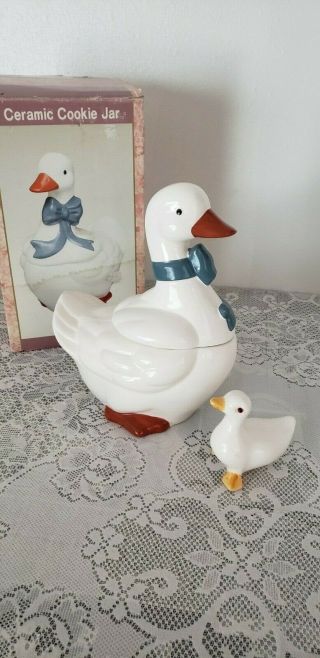 Vintage Ceramic White Goose Duck With Blue Bow Cookie Jar 14”h & Duckling