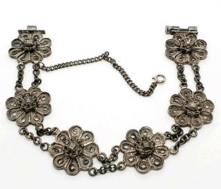 Elegant Vintage 800 Silver Floral Filigree Chain Link Slide Bar Clasp Bracelet