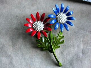 Vintage Enamel Metal Red White Blue Patriotic Usa Daisy Flower Pin Brooch