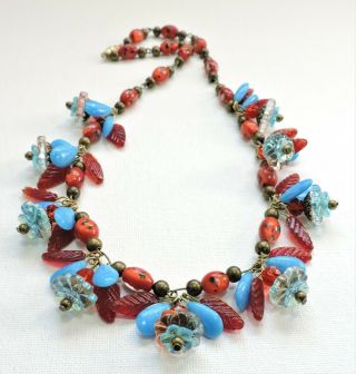 Vintage Turquoise Blue And Red Flowers Lampwork Art Glass Bead Necklace Au1924