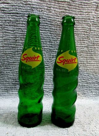 Pair Old 1969 Squirt Green Glass 10 Oz Vintage Soda Pop Bottles S/h