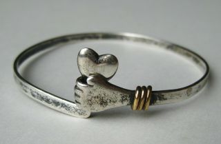 Fine Vintage Gideon Sterling Silver Heart In Hand Modernist Bangle Bracelet