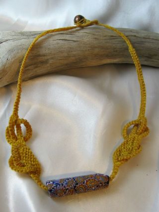 Vintage 1960s 70s Waxed Linen Woven Hippie Necklace W/millefiori Trade Bead 18 "