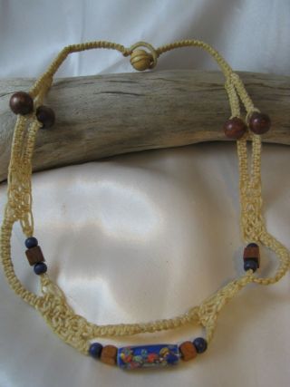 Vintage 1960s 70s Waxed Linen Woven Hippie Necklace W/glass & Wood Beads 17 "