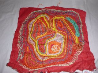 Vtg 60s 70s Textile Fiber Art Mod Crewel Embroidery Red Burlap Student Art