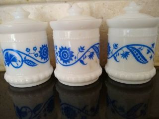 3 Vintage Opaline Milk Glass Mini Canisters Blue & White With Lids