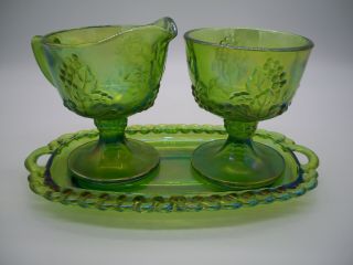 Vintage Iridescent Green Carnival Glass Indiana Harvest Grape Sugar,  Creamer,  Tray