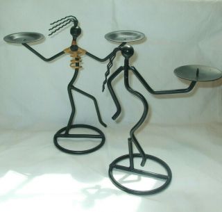 Vtg Heavy Black Wire/metal Art Sculpture African Man/woman Stick Figures/couple