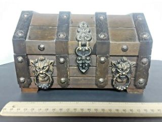 Vintage Wooden Pirate Treasure Chest Lion Head Trinket Jewelry Box Royal Sealy