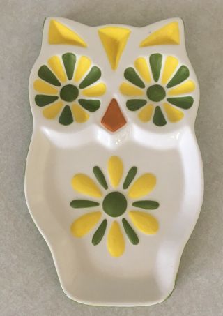 Vintage Ceramic Owl With Daisy Flowers Spoon Rest Trinket Dish Signed Stout 81