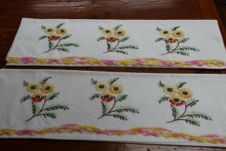 Vintage Cotton Pillowcases Hand Embroidered Posies And Crochet 21x30