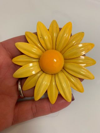 Vintage Yellow Enamel Daisy Flower Brooch Pin 3”