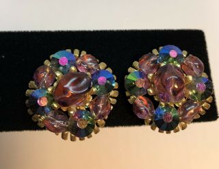 Vintage Trifari Clip On Earrings Ab Glass Beads