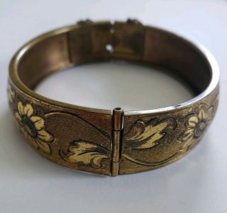 Vintage Etched Brass/gold - Plated Flowers & Leaves Slide/hinged Bracelet