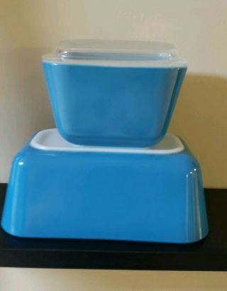 2 Vtg Pyrex Blue Refrigerator Dishes And Lid 501 & 502