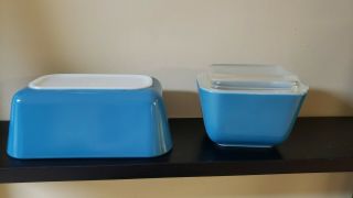 2 VTG PYREX BLUE REFRIGERATOR DISHES AND LID 501 & 502 3