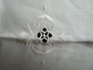 Vintage White Linen Table Runner Topper Dresser Scarf Embroidered Open Work