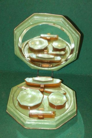 Vintage 1950`s Manicure Set Celluloid Green Marbledized Case W/ Mirror