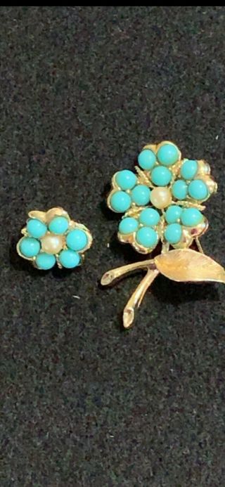 Vintage Sarah Coventry Blue Faux Turquoise Pearl Flower Pin Brooch & 1 Earring