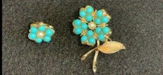Vintage Sarah Coventry Blue Faux Turquoise Pearl Flower Pin Brooch & 1 earring 2