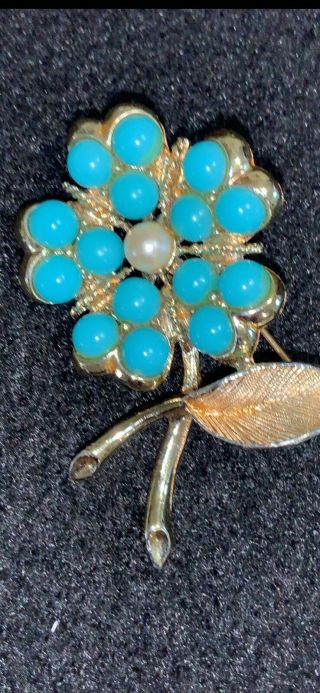 Vintage Sarah Coventry Blue Faux Turquoise Pearl Flower Pin Brooch & 1 earring 3