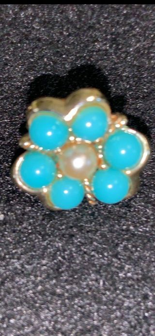 Vintage Sarah Coventry Blue Faux Turquoise Pearl Flower Pin Brooch & 1 earring 4