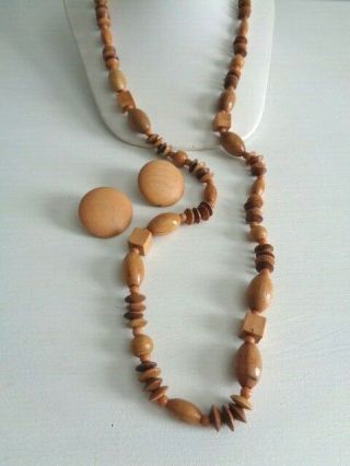 Vintage Natural Color Wooden Bead Strand Necklace / Clip On Earrings Set