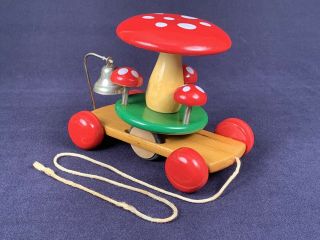 Vintage Kouvalias Wooden Wood Pull Toy Greece Mushroom On Springs Bell