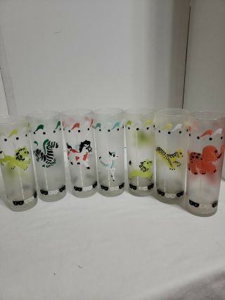 Vintage Set Of 7 Libby Frosted Carousel Circus Animals Iced Tea Collins Glasses