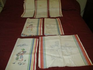5 Vintage Stamped Linen Kitchen Towels To Embroider & 2 Finished & Crocheted
