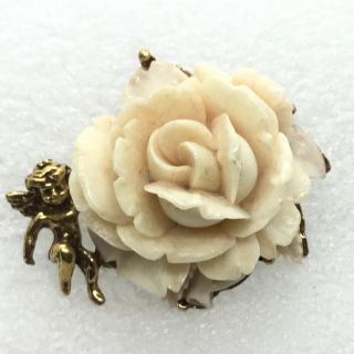Vintage Cherub Rose Flower Brooch Pin Celluloid Very Light Pink Petals Jewelry