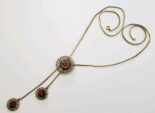 Vintage Gold - Filled Lariat Red Rhinestone Necklace Filigree Bolo Slide Flower