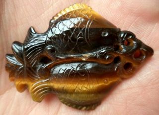 Stunning Vintage Estate Carved Tigers Eye Koi Fish God 1 7/8 " Pendant 2355i